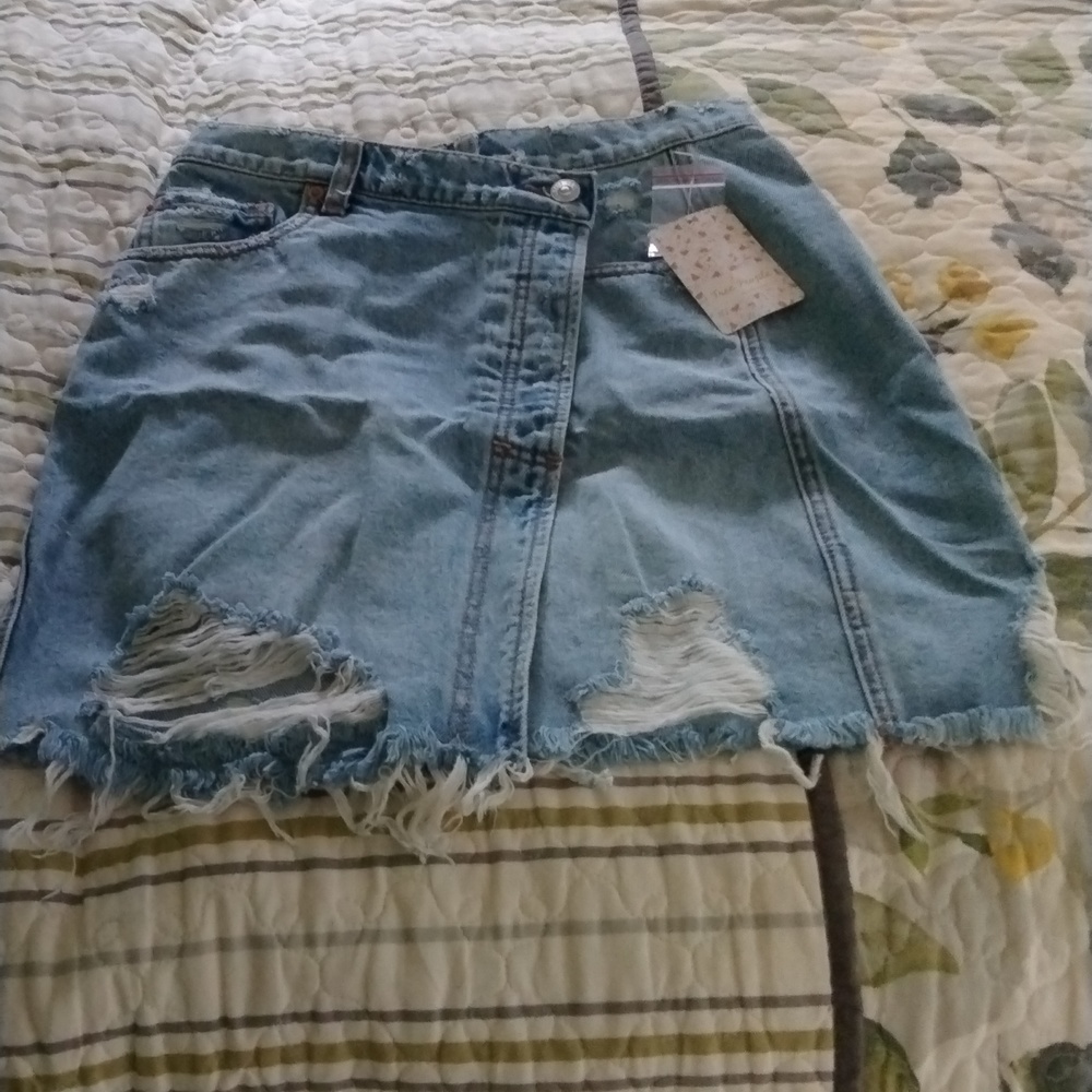 Free People denim distressed mini skirt